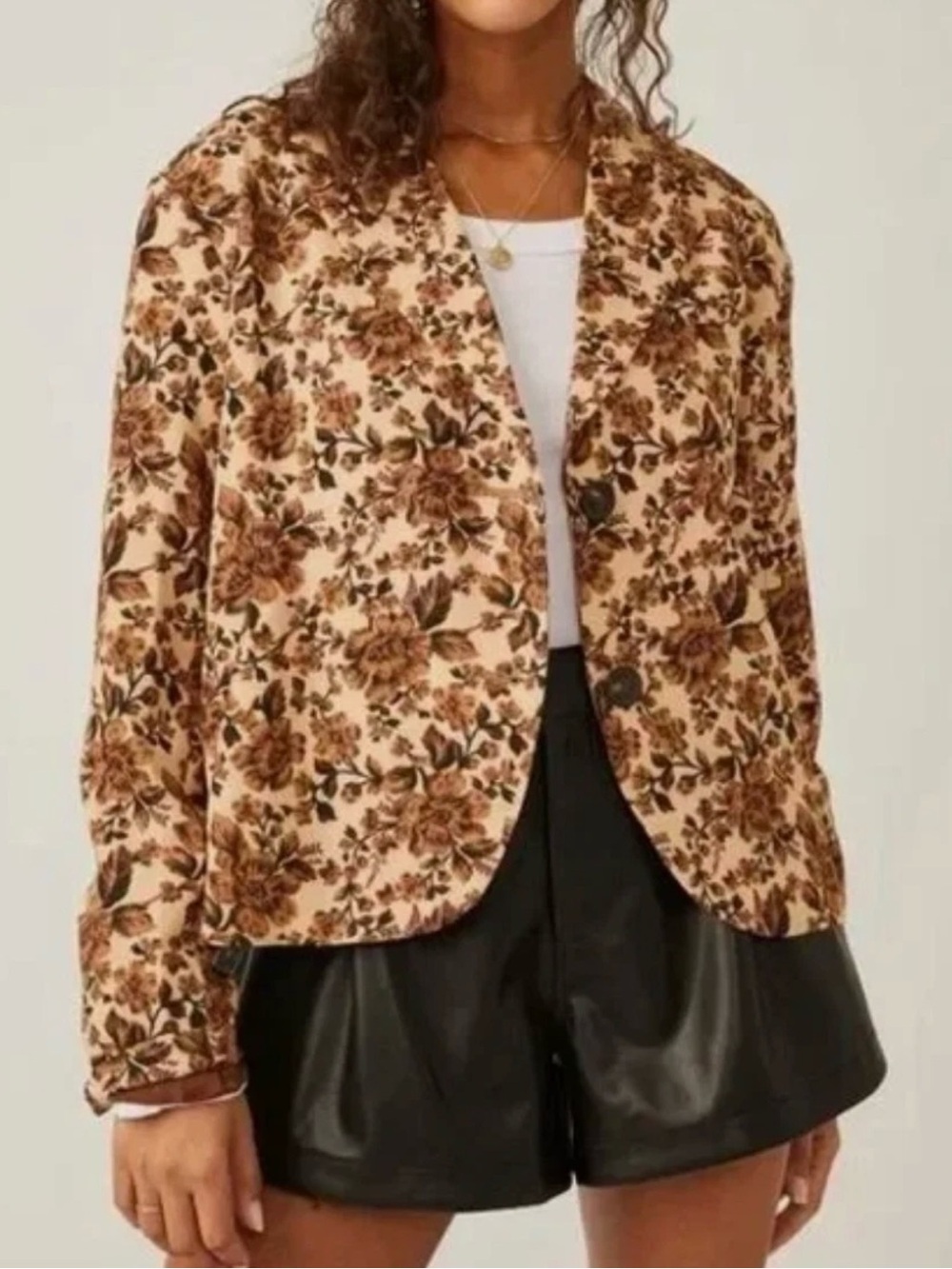 Floral Print Button-Front Women's Jacket - Beige/Brown